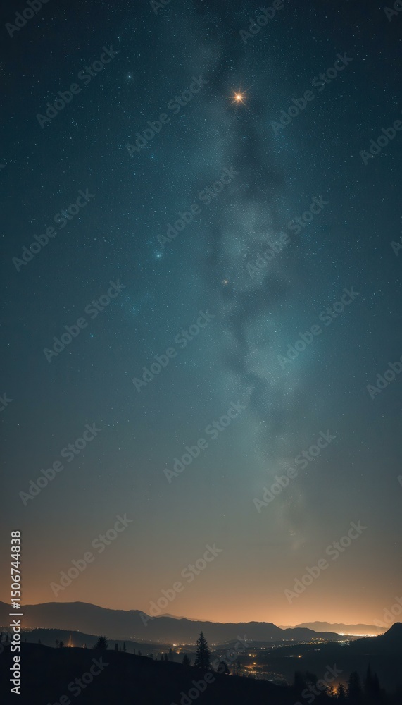 Aufkleber majestic milky way over a mountain range under a starry sky at night with a glowing star, creating a