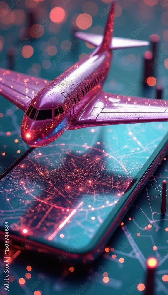 Aufkleber toy airplane on a smartphone displaying city map with glowing lights, technology, navigation