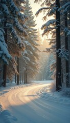 Winding road through a snowy forest landscape with sunlight shining through the trees