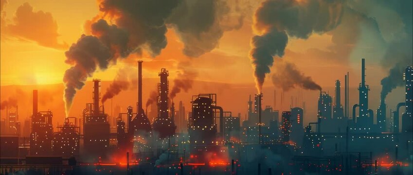 A dramatic industrial landscape at sunset featuring silhouettes of factories and smokestacks. Thick smoke billows into the orange sky, illustrating environmental impact.