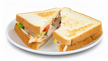 Turkey club sandwich on plate isolated on white background with clipping path for lunch or cafe concept