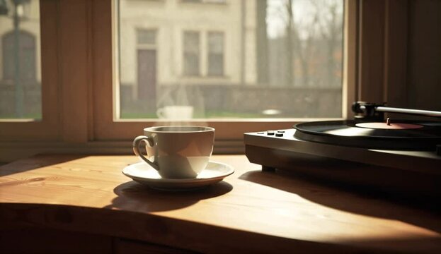 Morning coffee vinyl record player sunlit window