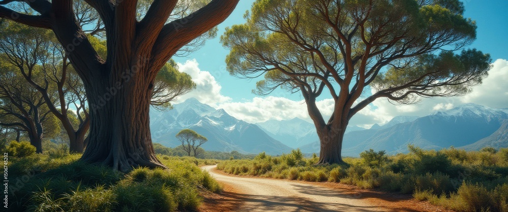 Aufkleber serene mountain vista with ancient trees and a winding path under a clear blue sky