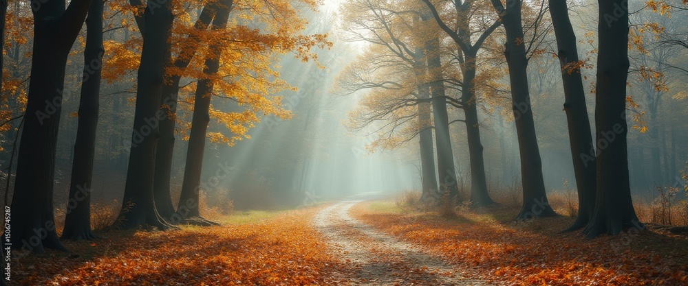 Aufkleber sunlit path through a foggy autumn forest with golden leaves and tall trees creates a serene scene