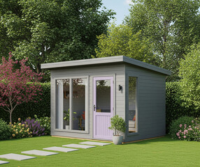 Modern grey garden studio with pink door, large windows showcasing an interior for living, on green lawn surrounded by trees. Stone path leads to the entrance. Ideal for adu use