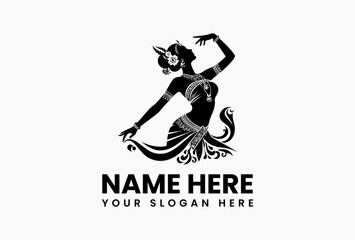 Graceful black and white silhouette of a traditional Indian dancer with flowing garments and intricate details. Cultural concept