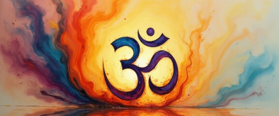 Vibrant watercolor painting of the Om symbol radiating energy and spiritual significance against a serene, colorful backdrop