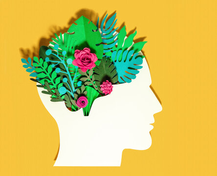 Plants and flowers with head made of paper on yellow background