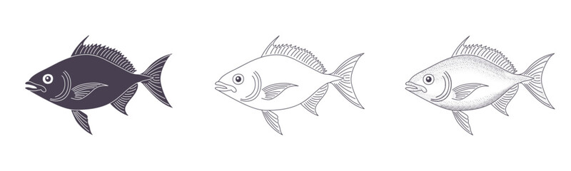 A silhouette, line art fish drawing, and a finely detailed fish illustration with delicate dot-textured shading evoke a vintage engraving style—perfect for seafood menus, banners, ads, prints, posters