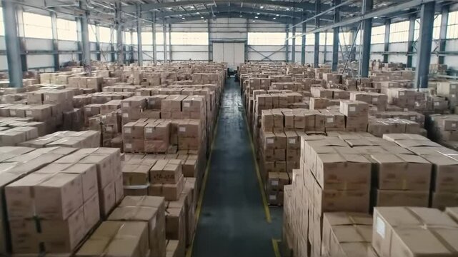 A large logistics facility is filled with towering stacks of boxes. Workers navigate the aisles while managing inventory and preparing goods for shipment. The environment is bustling and organized.