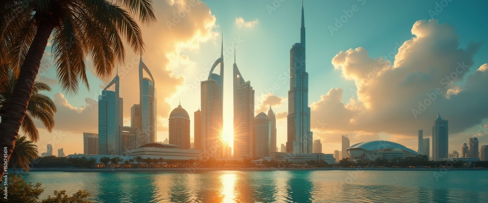 Poster sunrise illuminates a cluster of modern skyscrapers reflected in calm waters alongside palm trees, c