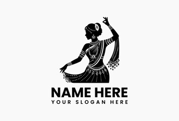 Graceful black and white silhouette of a traditional Indian dancer with flowing garments and intricate details. Cultural concept