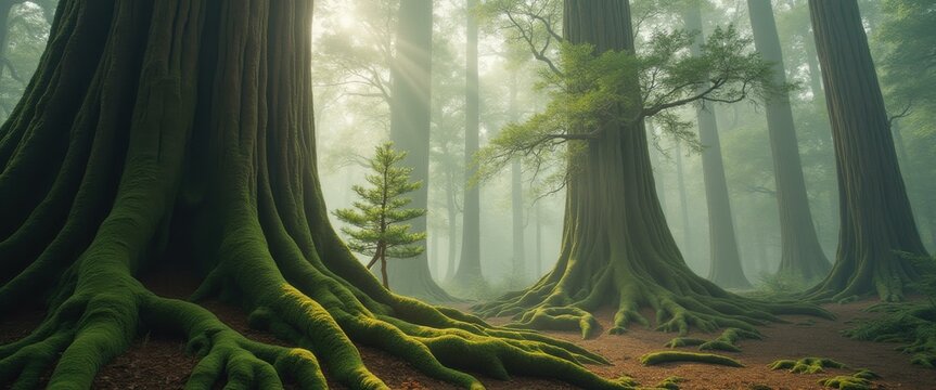 Ancient redwood forest bathed in soft light, displaying massive trees, moss-covered roots, and a tranquil, misty atmosphere - Powered by Adobe