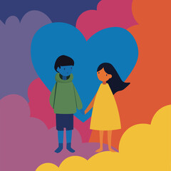 a couple holding hands with a heart shaped balloon in the background of a painting of clouds and a sky