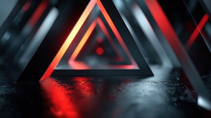 Neon red and cool gray triangular frames arranged in a tunnel perspective, creating a dynamic glowing effect with wet reflective surface for modern design
