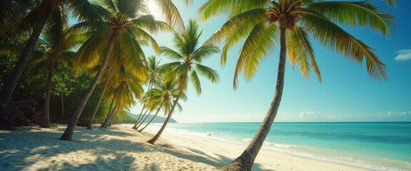 Fototapeta premium Tropical beach paradise with turquoise ocean, white sand, and swaying palm trees under a bright blue sky.