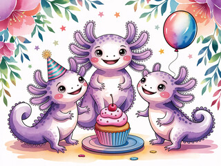 Naklejka premium Watercolor sticker set of 3 expressive axolotls in unique poses with accessories: birthday hat, cupcake, balloon, star confetti — isolated clipart for DIY and printable projects