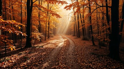 Fototapeta premium Winding Autumn Path with Sunlit Golden Leaves - AI Generated