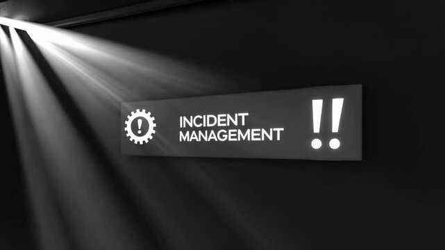 3d led sign with bright incident management text and gear icon, showing digital alert concept for response strategy and security incident control