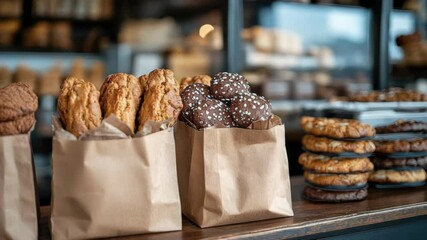Paper bags filled with assorted bakery products like muffins, cookies, and donuts arranged in a row at a cozy bakery counter, highlighting sustainable packaging choices and fresh pastries