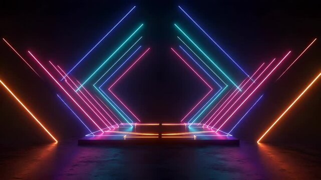 Abstract Neon Light Structure With Geometric Shapes and Reflective Surface