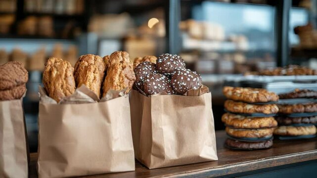 Paper bags filled with assorted bakery products like muffins, cookies, and donuts arranged in a row at a cozy bakery counter, highlighting sustainable packaging choices and fresh pastries