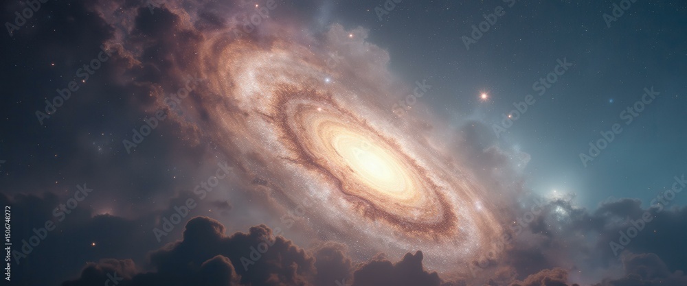 Poster majestic spiral galaxy emerging from ethereal clouds in a stunning cosmic sky with nebulae and spark