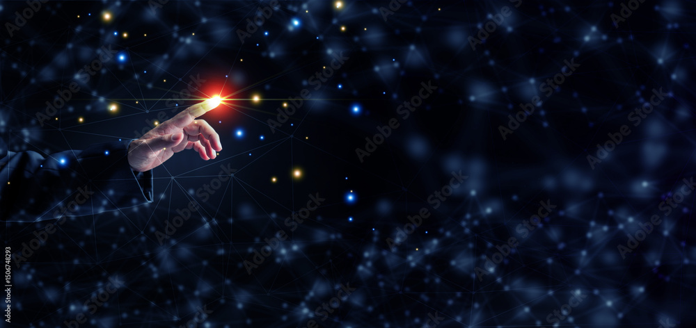 Poster digital network technology concept: an individual’s hand interacts with and utilizes digital network