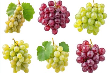 Six bunches of grapes isolated on white background