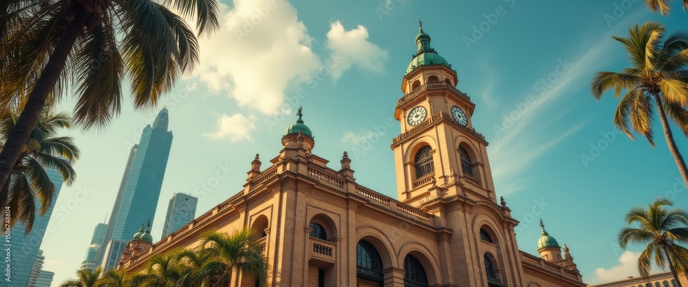 Aufkleber Ancient architecture of the facade of a building with a clock tower blends with modern architecture