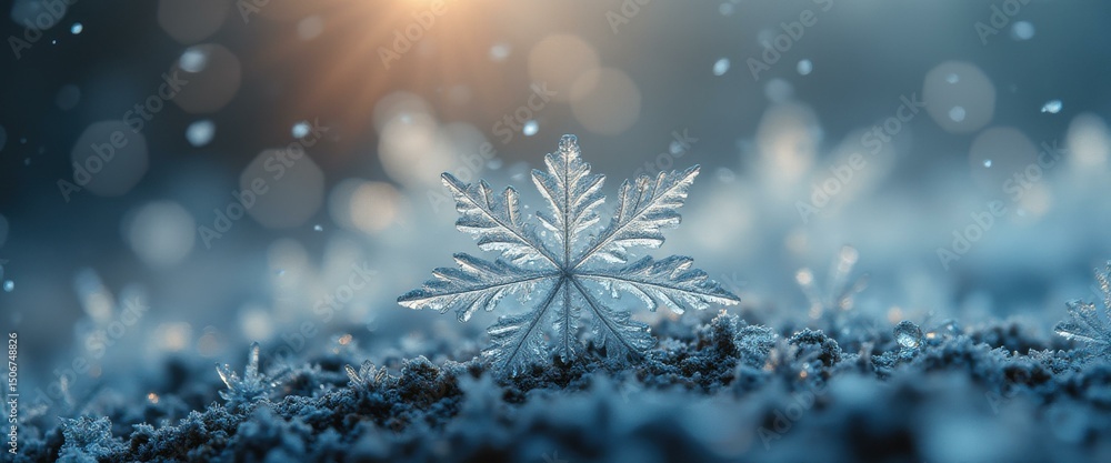 Aufkleber macro image of a six-pointed snowflake on a blue icy background with bokeh effects and a warm sunlig