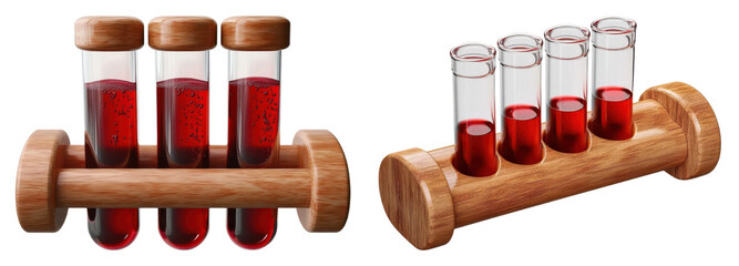 blood samples in test tubes on wooden rack.