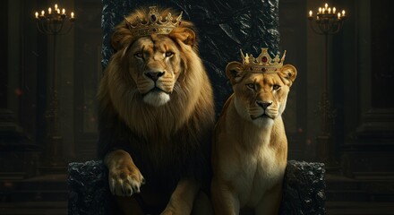 Lion and Lioness with Crowns on Throne