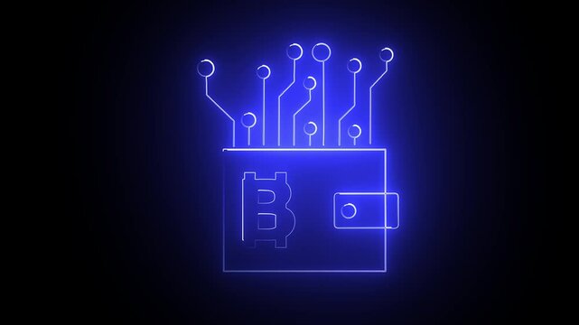 Neon Digital Wallet with Blockchain Cryptocurrency Symbol, Circuit Lines and Connectivity, Modern Technology Financial Concept, Digital Currency, Electronic Finance
