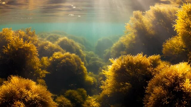 Underwater Scene with Golden Seaweed Sun Rays and Tranquil Underwater Environment