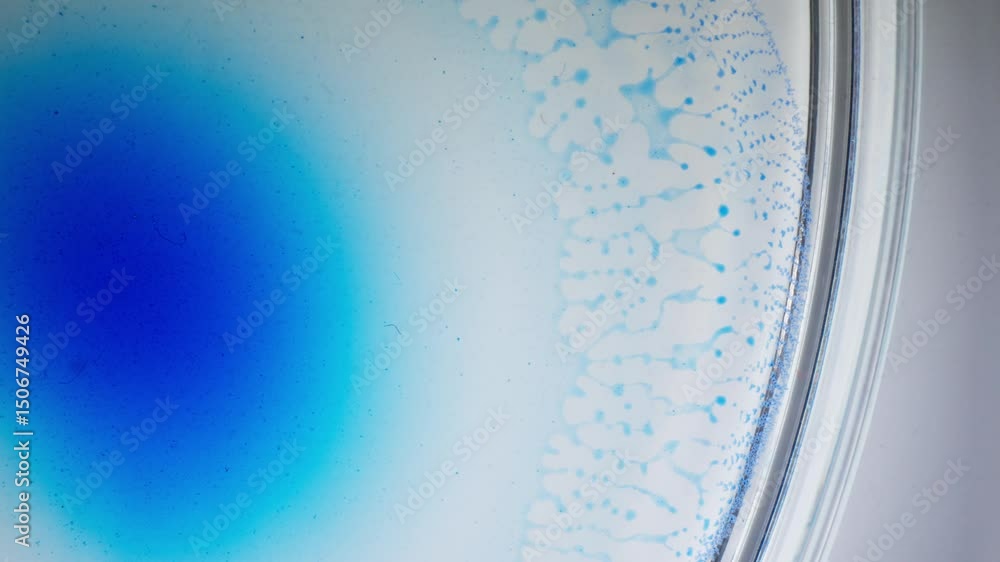 Poster blue ink bloom in liquid creating dreamy abstract patterns, macro close-up view