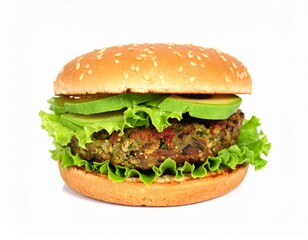 Vegetarian burger with avocado and lettuce isolated on white background for healthy lifestyle or plant-based concept