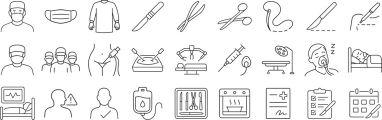 Medical surgery line icon set. Vector pictograms of scissors, suture, incision, laparoscopy, robotic, injection, monitor, patient, schedule, equipment, procedure, thin linear illustration.