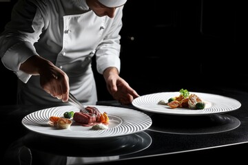 A chef is carefully preparing food in a restaurant kitchen
