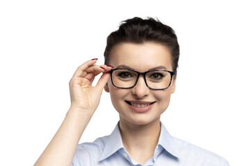 Obraz premium Photo of pretty businesswoman wearing eyeglasses standing in the office isolated over transparent background