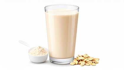 A glass of oat milk with a scoop of oat powder and raw oats on a white background.