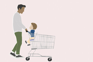 Illustration of a father pushing a child in a shopping cart at a supermarket