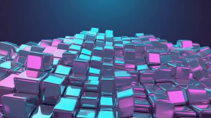 Infinite loop 3D of holographic cubes cascading in a wave-like waterfall, neon edge strip lighting pulsing, dark reflective floor, cyberpunk aesthetic, trending 3d abstract background - Powered by Adobe