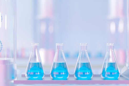 Row of laboratory flasks with blue liquid in a modern research setting