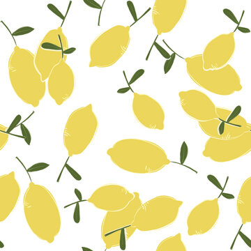 Illustration of a seamless lemon pattern with green leaves on a white background