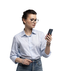 Smiling business woman in eyeglasses holding smartphone and using over transparent background