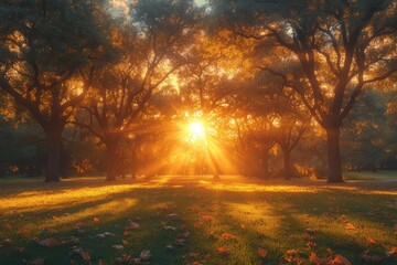 Obraz premium Autumn sunrise park, golden light, trees, leaves, nature