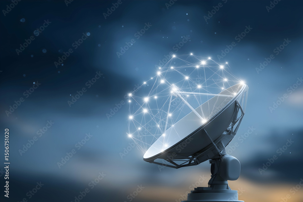 Poster a satellite dish with a glowing digital network overlay points towards the sky, symbolizing advanced