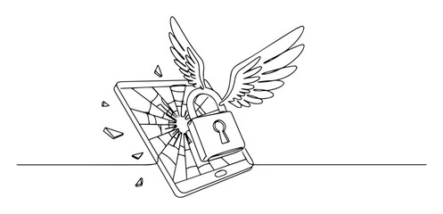 smartphone with broken screen and flying padlock icon