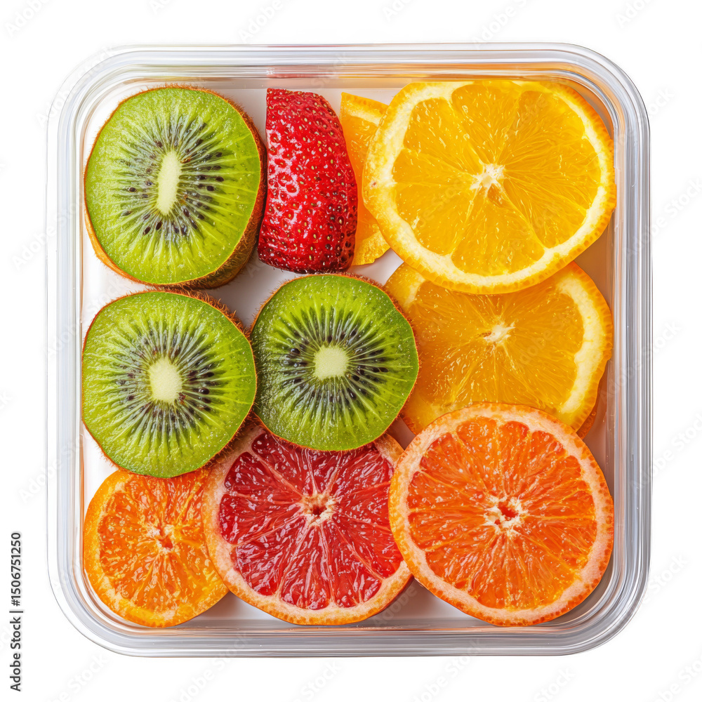 Poster sliced kiwi, strawberry, orange, and grapefruit arranged neatly in a square container.